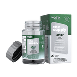 Apresentação do produto completo After, incluindo a caixa, o frasco aberto e as cápsulas verdes.