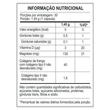 Tabela de informação nutricional do Colágeno Tipo II, com os valores de colágeno não desnaturado, Vitamina D e Magnésio por porção.