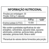 Tabela de informação nutricional da Lactase, mostrando a concentração da enzima lactase em unidades U.FCC por porção.